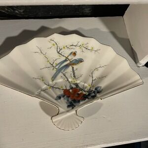 Fan Shaped Fine China Plate Birds‎ Trinket Dish JAY Japan Vintage